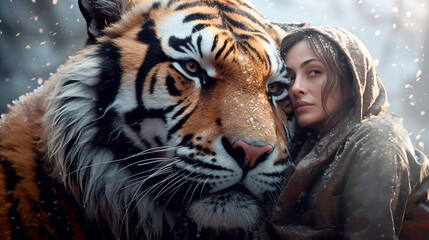 Fototapeta premium Generative Ai. a woman is hugging a tiger in the rain