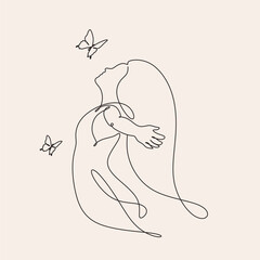 Freedom woman line art. Woman with butterfly. Abstract girl with butterfly by one line vector drawing. Portrait minimalistic style. Relax relaxing illustration