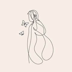 Freedom woman line art. Woman with butterfly. Abstract girl with butterfly by one line vector drawing. Portrait minimalistic style. Relax relaxing illustration