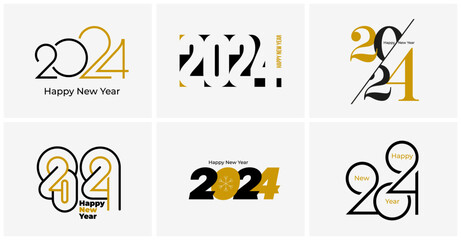 Black and gold Happy New Year 2024. Set of design with unique and modern numbers. Template premium design 2024 for calendar, poster, card, banner. Vector with creative labels isolated on background.