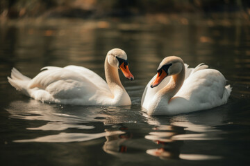 Obraz premium white pair of swans in love on the water generative ai