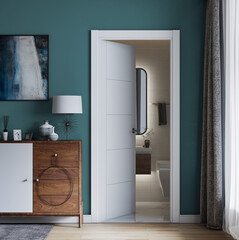 living room with bathroom and plaster Bluish Cyan walls and wooden floor, empty room withdrawer sideboard cabinet  , white door with carpet interior design concept , 3d illustration