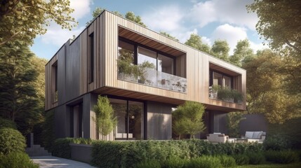 Beautiful modern architectural house, eco-friendly wood structure concept, seamlessly integrating with nature. Created by AI.