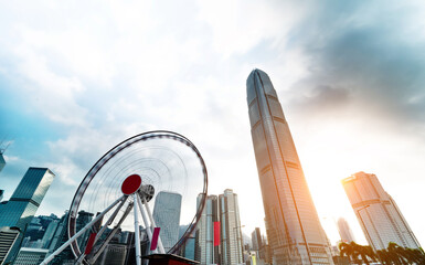 Ferris wheel and office buildings in Hong Kong