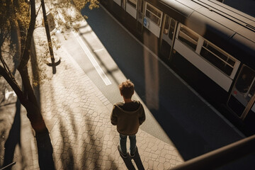 boy standing alone waiting for a tram on bus stop in sunlight high angle view from behind with shadows