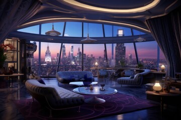An image of a luxurious penthouse at night, overlooking a city skyline. Generative AI - obrazy, fototapety, plakaty