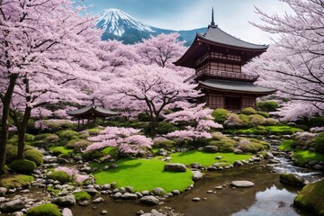 Sakura blossoms in japanese style ornamental garden, beautiful landscape. Generative AI.