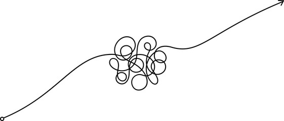 Complex and easy messy line. Hand drawn doodle knots curved in round form. Starting graphic point and arrow. Abstract 