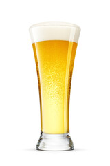 Pilsner glass of fresh yellow beer with cap of foam isolated. Transparent PNG image.
