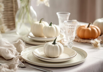 Fototapeta na wymiar Autumn table scape with mini white pumpkins , white ceramic plates, candles and grey napkins, AI Generated