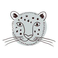 Cute snow leopard face hand drawn cartoon character illustration, sketch. Line art, drawing style design, isolated vector. Tropical animal, jungle wildlife, big cats, safari, nature, print element