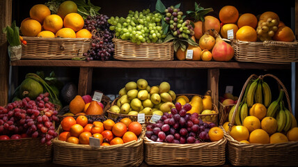 fruits in basket with fruits on shelf in market, Generative AI