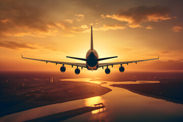 Naklejka na ściany i meble Airplane from behind flying into the sunset 