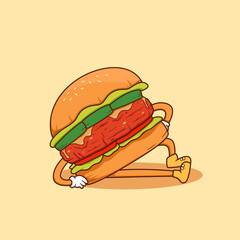 big meat beef burger cartoon lying pose on the floor vector illustration