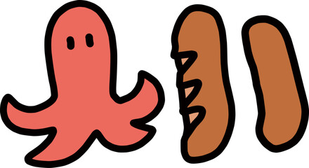 シンプルなウインナーやたこさんウインナーの手書きイラストセット