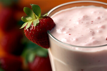 Strawberry milkshake, showing the creamy texture and inviting color of the drink, closeup.