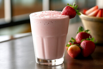 Strawberry milkshake, showing the creamy texture and inviting color of the drink, closeup.