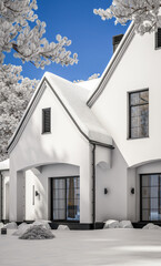3d rendering of cute cozy white and black modern Tudor style house with parking  and pool for sale or rent with beautiful landscaping. Fairy roofs. Cool winter day with shiny white snow.