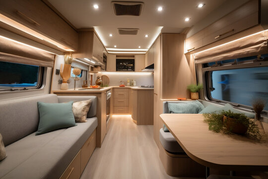 Vacation motor home interior camping car, furnishing decor of salon area in comfortable modern caravan house design. Relaxation areas for water travel. Travelling entertainment concept. Generative AI