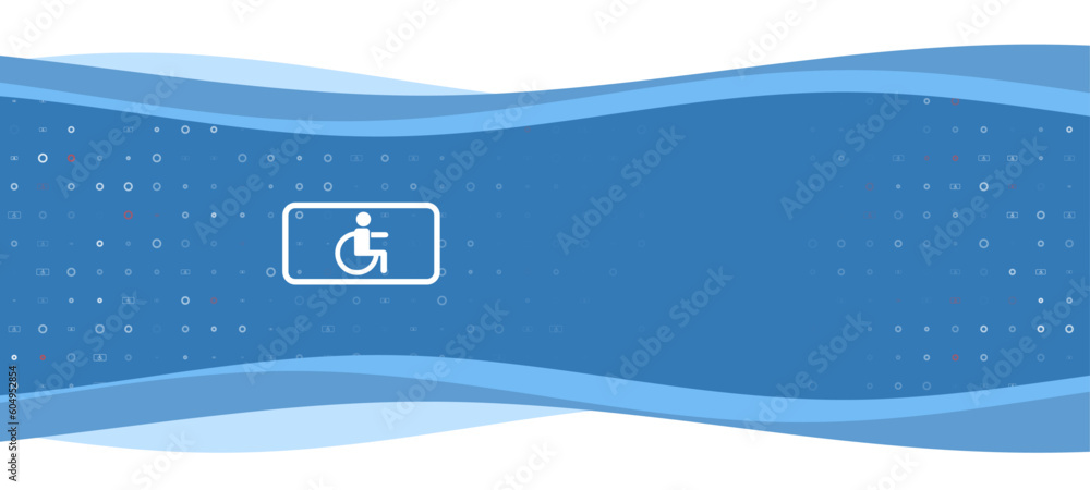 Poster Blue wavy banner with a white disabled road symbol on the left. On the background there are small white shapes, some are highlighted in red. There is an empty space for text on the right side