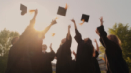 Excited graduates launching their caps in the air, a classic graduation ceremony symbol. Created by AI.