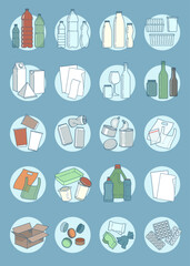 Recycling materials icons. Waste segregation, trash sorting. Vector illustration, line design. Materials list: metal, paper, plastic, glass, packages. Zero waste. Ecology. Garbage, rubbish recycling