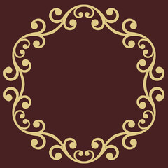 Oriental round frame with arabesques and floral golden elements. Floral golden border with vintage pattern. Greeting card with place for text