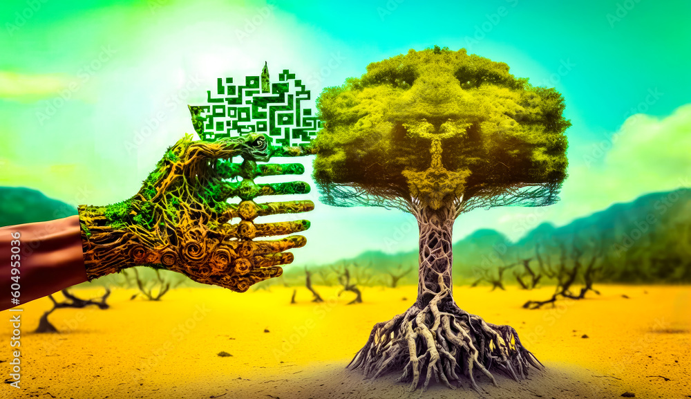 Aufkleber hand reaching out to tree with green tree in the middle of it. generative ai.