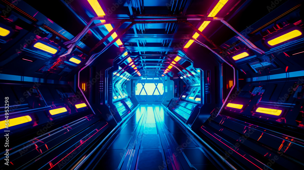 Poster sci - fi tunnel with neon lights in the middle of the tunnel. generative ai.