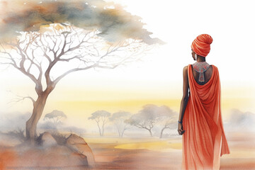 Watercolor Maasai women in national clothes with African landscape in the background. Beautiful black female. Generative AI