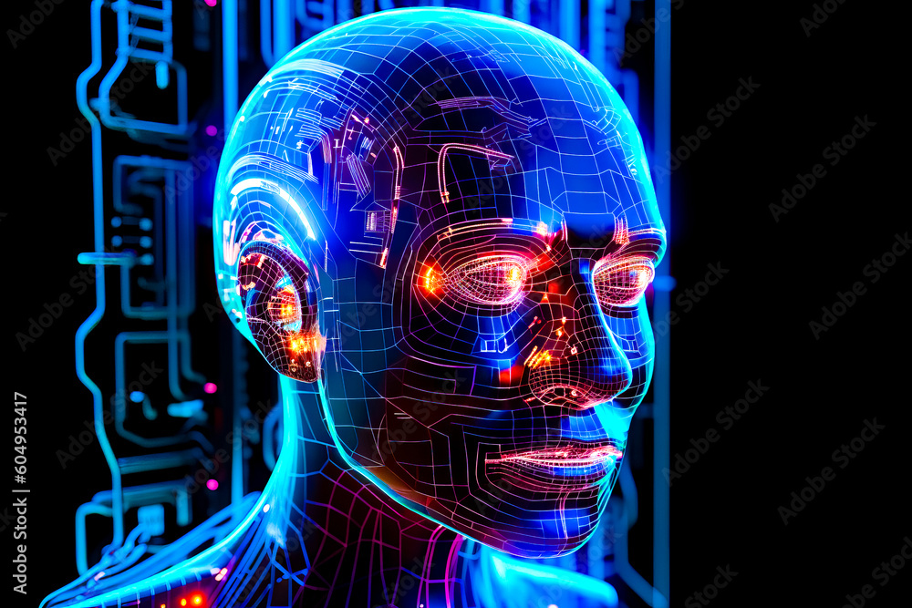 Aufkleber robot with glowing eyes and head in front of background of blue and red lights. generative ai.