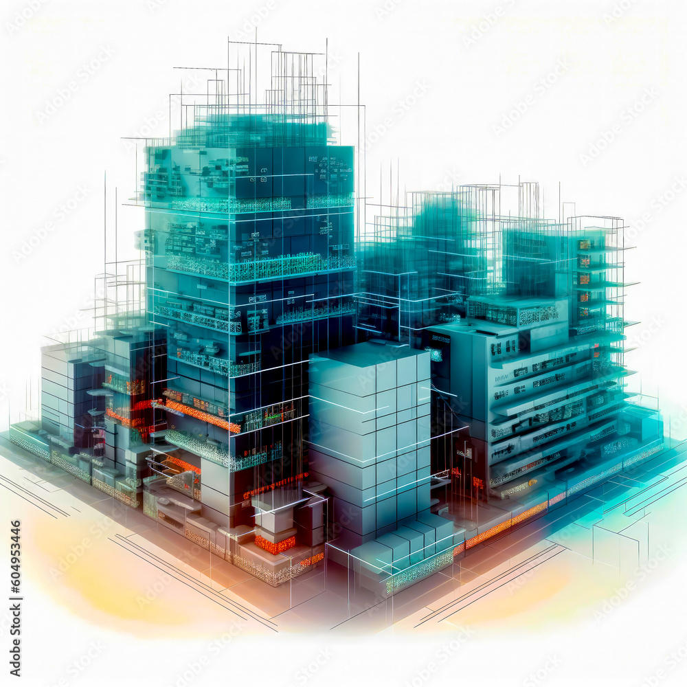 Aufkleber group of buildings with scaffolding around them on white background. generative ai.
