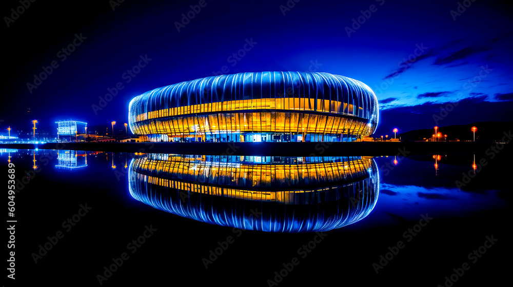Poster large building that is lit up in the night with reflection on the water. generative ai.