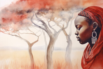 Watercolor Maasai women in national clothes with African landscape in the background. Beautiful black female. Generative AI