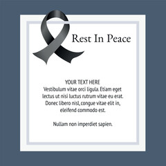 funeral card template with black ribbon and phrase Rest in peace