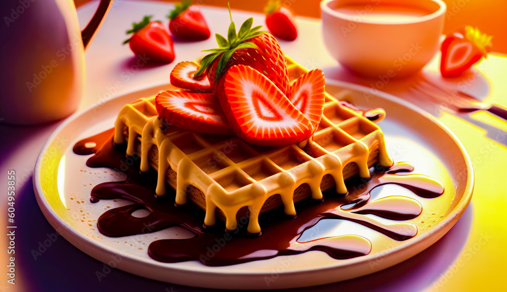 Poster plate topped with waffles covered in syrup and sliced strawberries. generative ai.