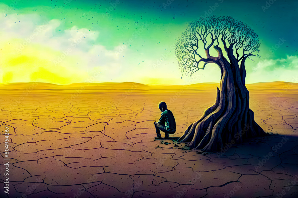Poster painting of person sitting in front of tree in desert. generative ai.