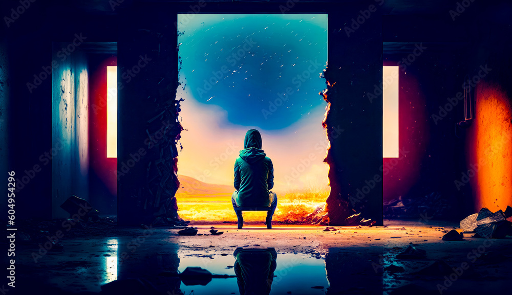Aufkleber person sitting on bench in front of window with sunset in the background. generative ai.