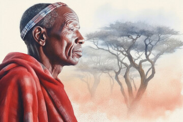 Watercolor Maasai man in national clothes with African landscape in the background. Senior black man. Generative AI