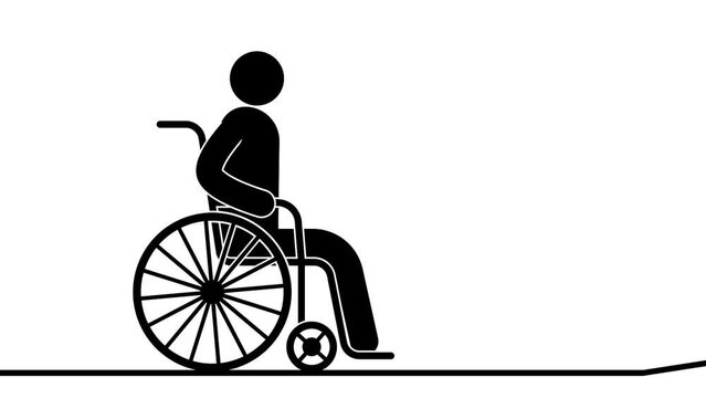 Person with disabilities in a wheelchair overcoming a curb. Accessible environment for people with disabilities. Animated pictogram