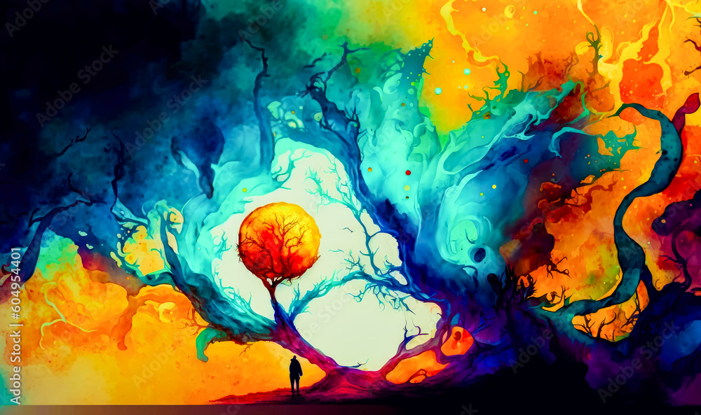 Poster painting of man standing in front of tree with colorful sky in the background. generative ai.