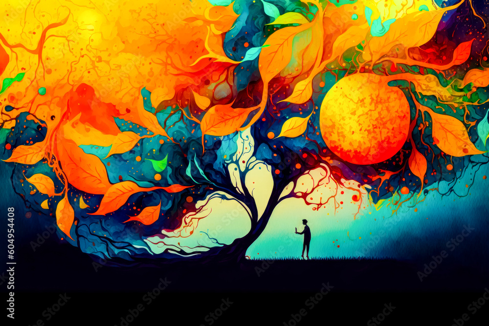 Aufkleber painting of man standing in front of tree with the sun in the background. generative ai.