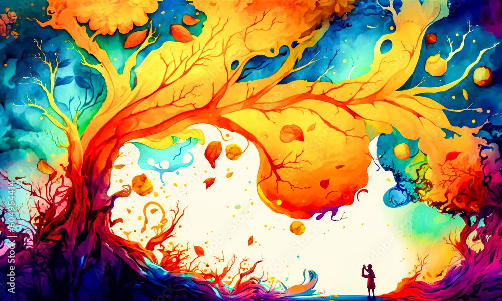 Aufkleber painting of man standing under tree with colorful sky in the background. generative ai.
