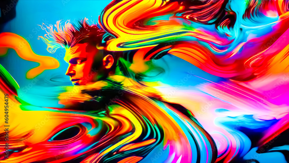 Poster man with his hair blowing in the wind with multicolored background. generative ai.