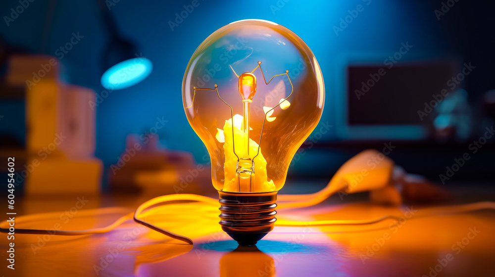 Poster light bulb sitting on top of table next to laptop computer. generative ai.