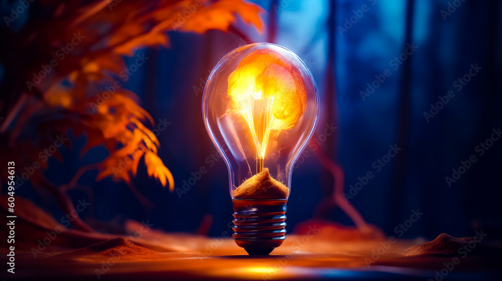 Poster light bulb with small pile of sand inside of it on table. generative ai.