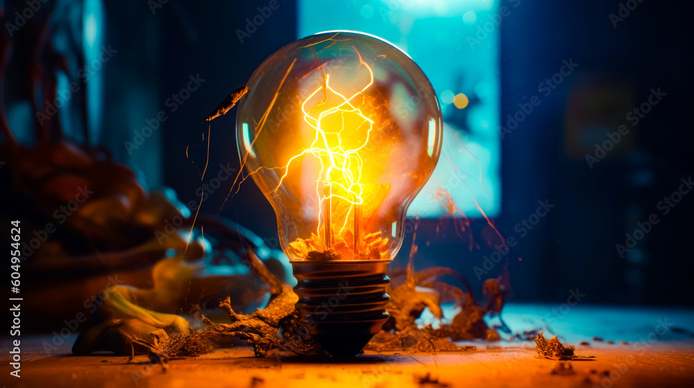 Poster light bulb sitting on top of table next to pile of leaves. generative ai.