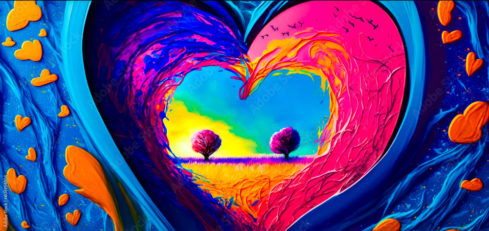 Poster painting of heart with two trees in the middle of the heart. generative ai.