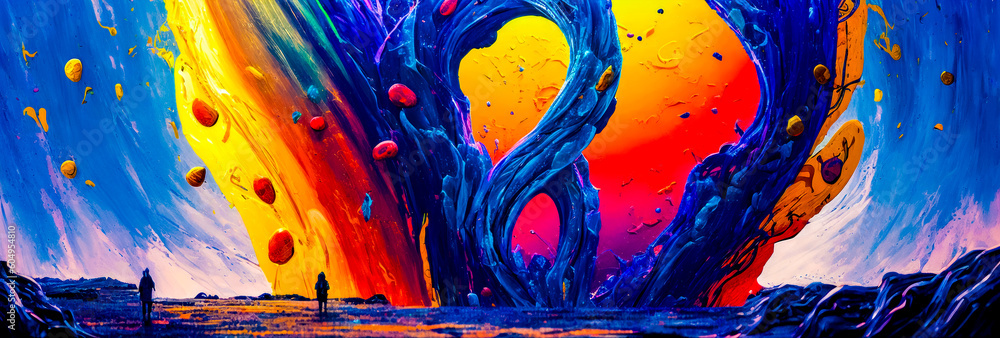 Aufkleber painting of tree in the middle of the ocean with colorful sky in the background. generative ai.