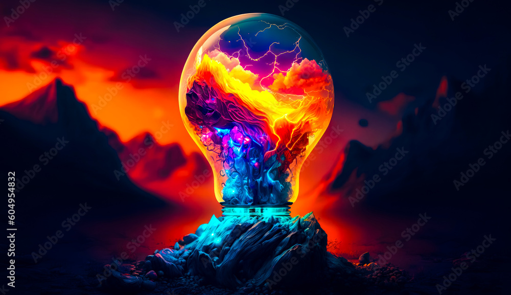 Poster colorful light bulb in the middle of mountain with lightning coming out of it. generative ai.